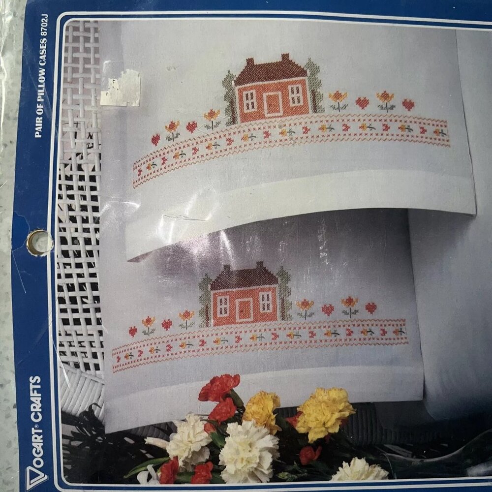 Vintage Vogart "Country Home" Stamped Cross Stitch Pillowcases